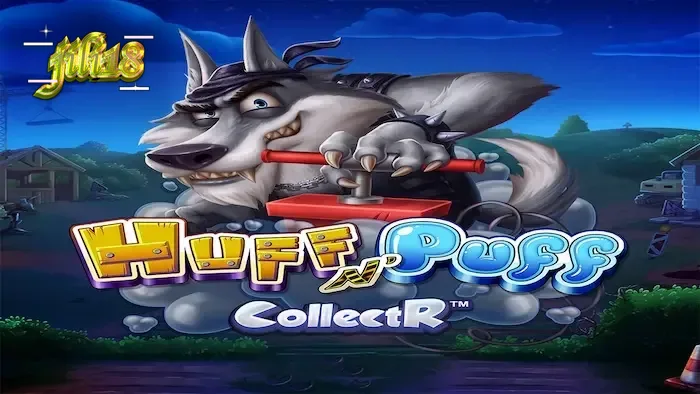 Isang masiglang eksena mula sa slot na Huff N' Puff CollectR na nagpapakita ng mga baboy at lobo sa isang grid.
